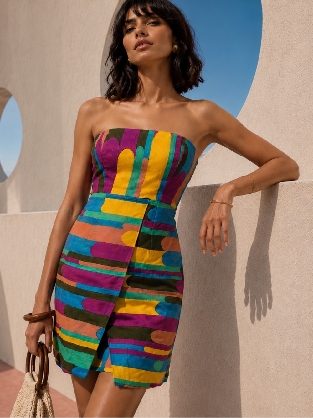 Tibi Strapless Silk Linen Dress Size 4 Colorful Abstract Print Mini Designer